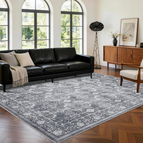Grey 9 X 12 ft. Vintage Boho Washable Low Pile Area Rug, Non-Slip Stain Resistant Indoor Carpet, Living Room, Bedroom