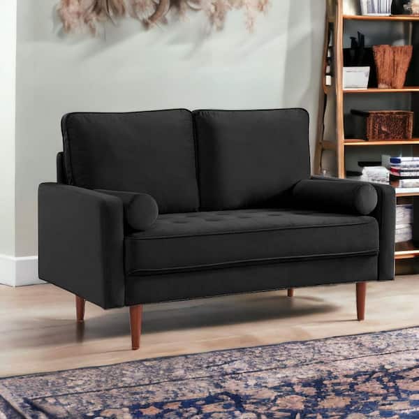 HomeRoots 57 in. Black Solid Velvet 2-Seater Loveseat