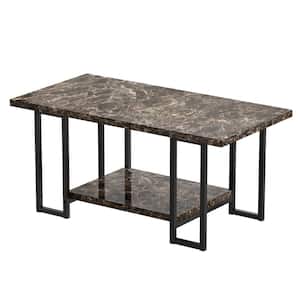 Black Base and Brown 2-Tier Rectangle Coffee Table Faux Marble Table top for Living Room, Double Metal Leg Design