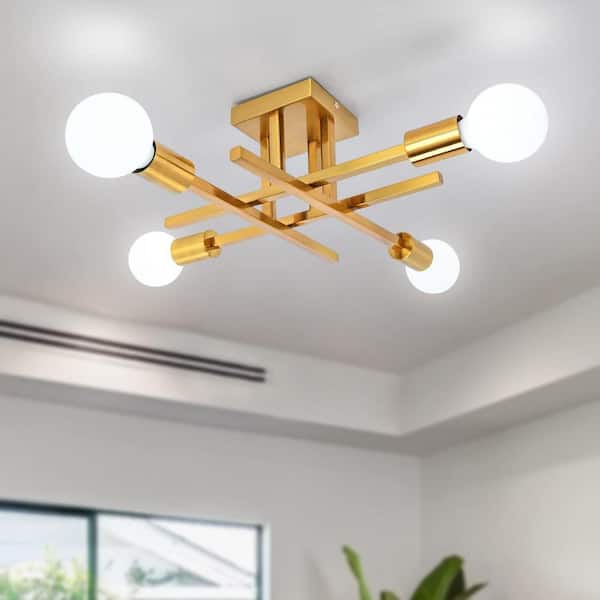 LWYTJO 18.11 in. 4-Light Gold Dimmable Sputnik Linear Chandelier Semi Flush Mount Chandelier for Living Room Kitchen Island