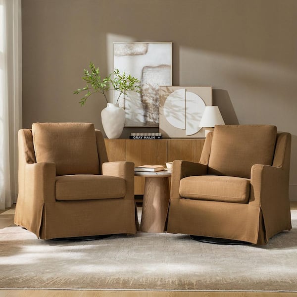 Andres Golden Farmhouse Slipcovered Polyester Swivel Arm Chair Set of 2 with Pillow Back
