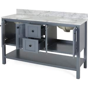 61 in. W x 22 in. D x 40 in. H Double Sink Freestanding Bath Vanity in Gray with White Marble Top and Storage Cabinet