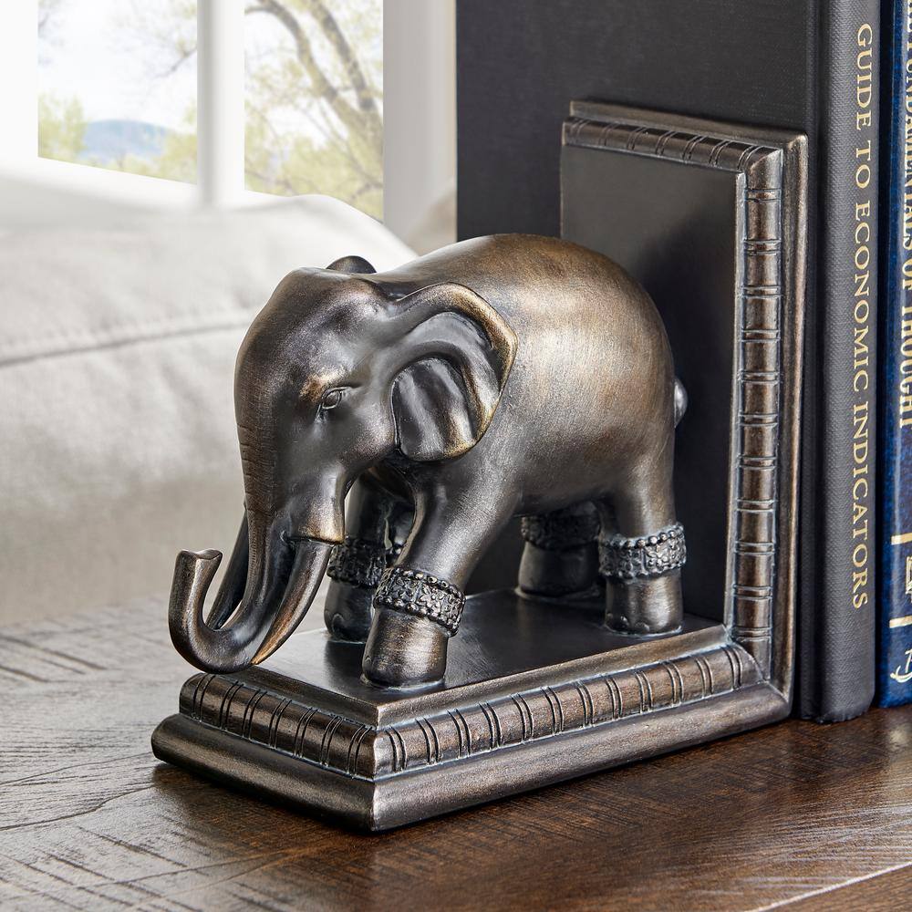 Bronze Patina Elephant Bookends Set with Ornate Design