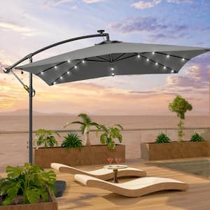8.2 ft. x 8.2 ft. Outdoor Cantilever Umbrella, Square 32 Solar LED Lights, Hanging Lighted Umbrella in Gray