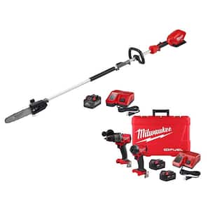 M18 FUEL 10 in. 18V Lithium-Ion Brushless Electric Cordless Pole Saw Kit with Hammer Drill and Impact Driver Combo Kit
