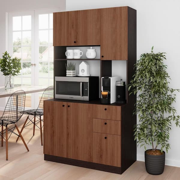 LIVING SKOG Scandi 71 in. Black Brown Tall Pantry Kitchen Storage Cabinet Buffet with Hutch for Microwave with Drawers