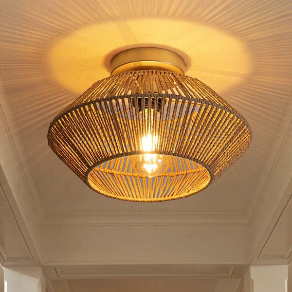 12.6 in. 1-Light Yellow Handcrafted Woven Rattan Lamp Shade Rustic Chandelier for Foyer Hallway