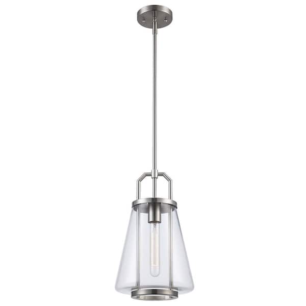 Bel Air Lighting River 8.75 in. 1-Light Brushed Nickel Pendant Light Fixture with Clear Glass Shade
