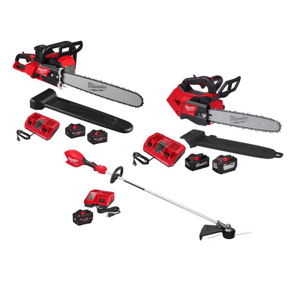 MILWAUKEE M18 FUEL 18V Brushless Cordless 20 in. Dual Battery Chainsaw Kit w/ M18 Top Handle Chainsaw Kit, M18 String Trimmer Kit (2827-22-28)