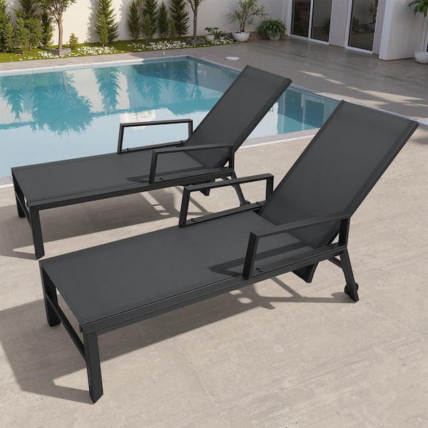 Crestlive Products 2-Piece Adjustable Aluminum Metal Armrest Outdoor Chaise Lounge in Black