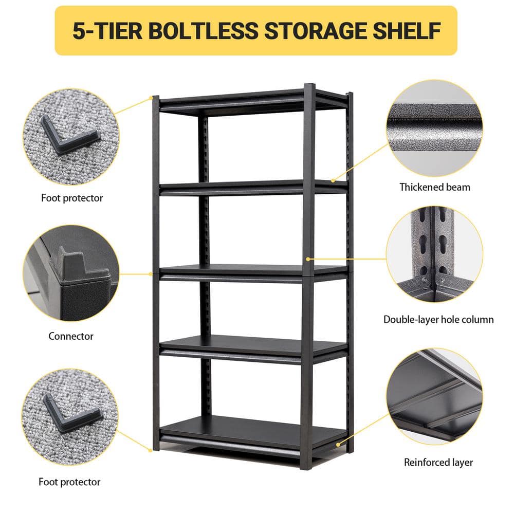 Black Heavy Duty Steel 5-Tier Adjustable Garage Shelving Unit