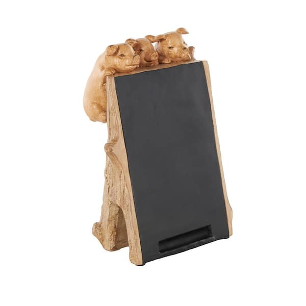 Litton Lane 10 in. H Black Polystone Chalkboard Pig Decorative Sign with Brown Tree Trunk Frame