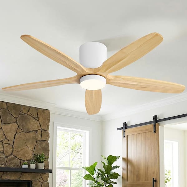 54 in. 5-Solid Wood Natural Wood Grain Blades Indoor Standard White Ceiling Fan Flush Mount with Remote Integrated LED