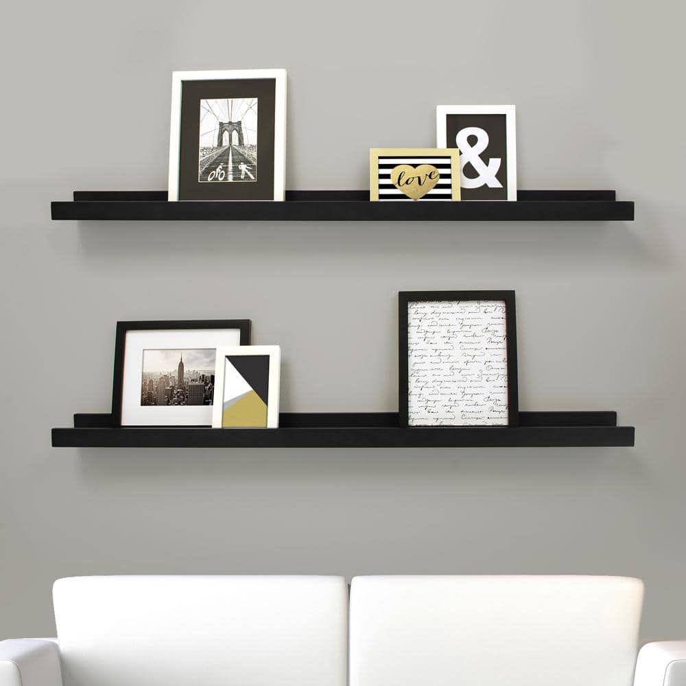 Black Engineered Wood Floating Wall Shelves Set of 2