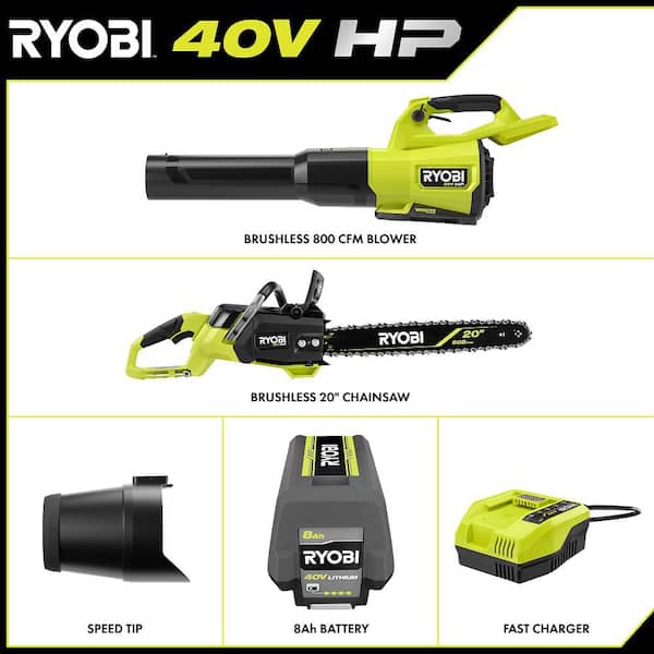 40V HP Brushless Whisper Series 800 CFM Cordless Battery Leaf Blower & 20 in. Chainsaw w/ 8 Ah Battery and Charger