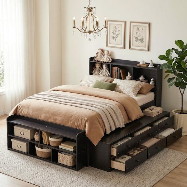 VECELO Captain's Bed Black Wood Frame Full Platform Bed with