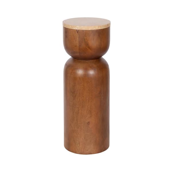 Teo 8 in. Walnut Brown Round Natural Stone End Table