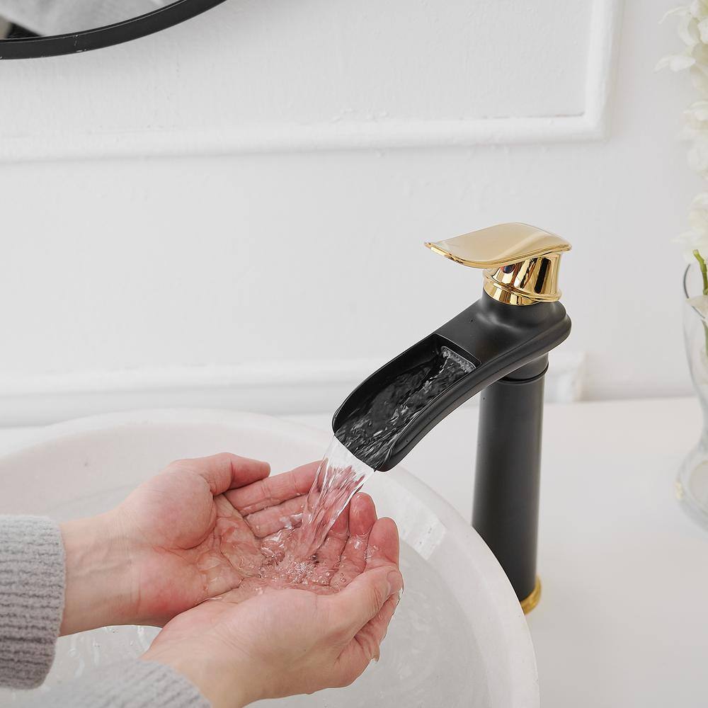 Gold and Black Waterfall Single Handle Bathroom Vessel Faucet