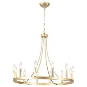 Loene 12-Light Spray Gold Farmhouse Candle Style Dimmable Kitchen Island Wagon Wheel Chandelier for Living Room