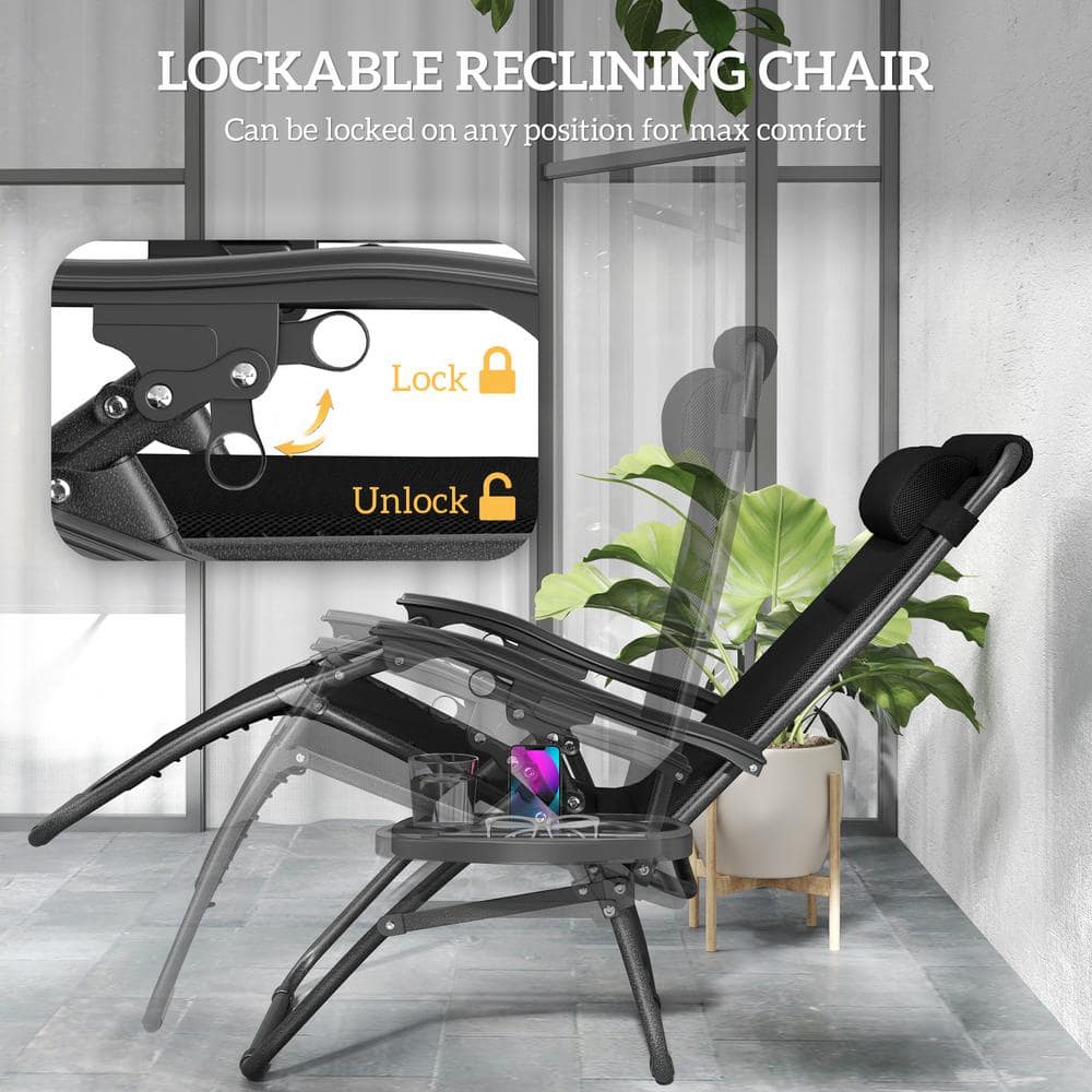 Black Steel Zero Gravity Outdoor Lounge Chairs with Cushions and Tray, Set of 2
