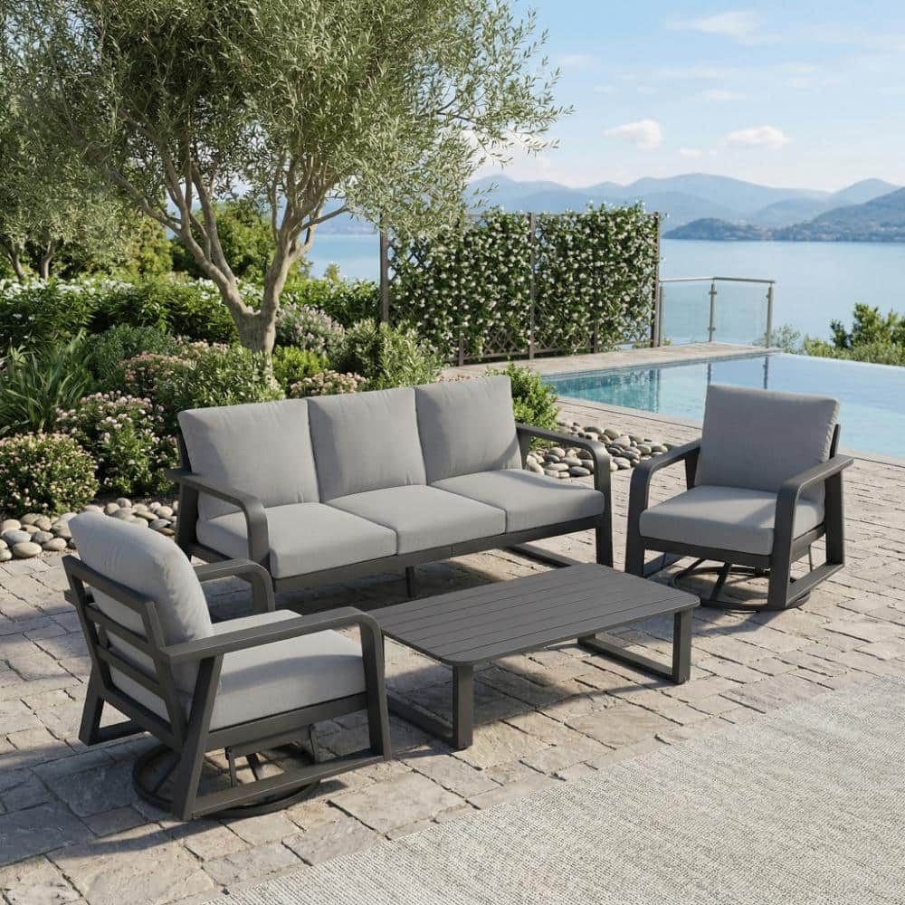 JPJPUU 4-Piece Metal Outdoor Patio Furniture Set with Gray Cushions and ...