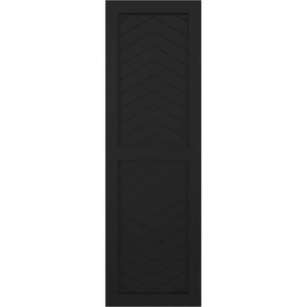 Ekena Millwork 12 in. x 43 in. Flat Panel True Fit PVC Two Panel Chevron Modern Style Fixed Mount Shutters Pair in Black