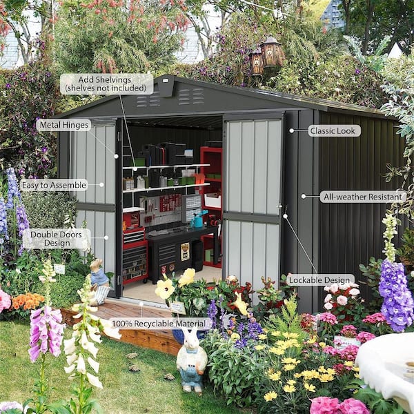 Gray 8 ft. W x 6 ft. D Metal Apex Roof Shed with Sliding Door (48