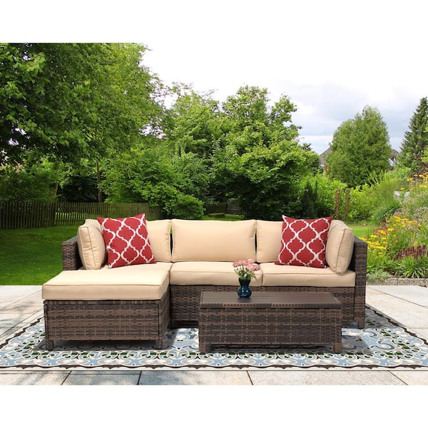 EDYO LIVING 3-Piece Wicker Patio Sectional Seating Set with Beige Cushions