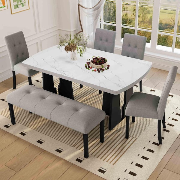 6-Piece Rectangle Gray/White Wood Top Dining Room Set Seats 6