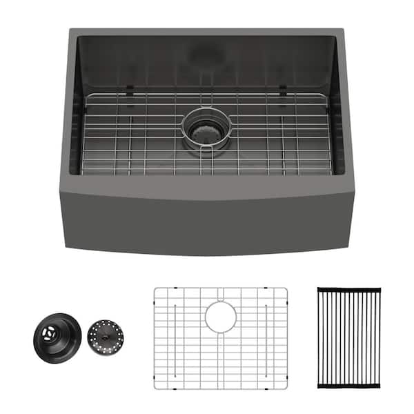 24 in. Farmhouse Apron Front Single Bowl Gunmetal Black 16-Gauge Stainless Steel Kitchen Sink with Strainer