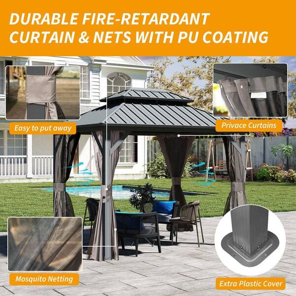 Grey 8 ft. x 10 ft. Metal Hardtop Gazebo with Galvanized Steel