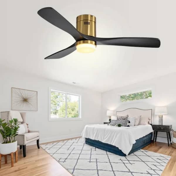52 in. Gold Modern Flush Mount Ceiling Fan with Light and Remote, Ceiling Fan with 3 Blades for Bedroom Living Room