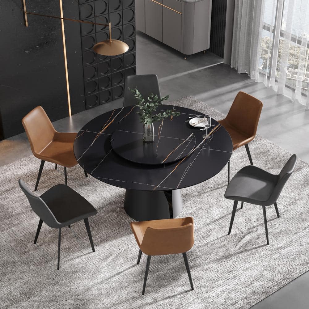 59 in. Black Round Sintered Stone Top Dining Table with Carbon Steel Base Seats (Seats 8)