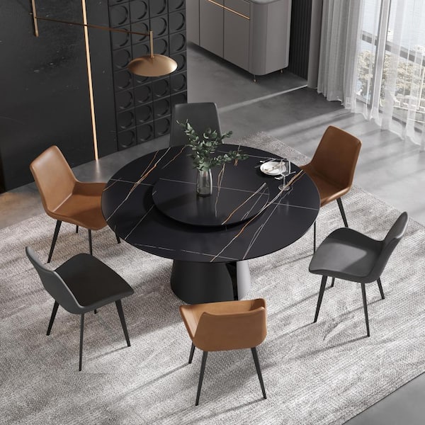 J&E Home 59 in. Black Round Sintered Stone Top Dining Table with Carbon Steel Base Seats (Seats 8)