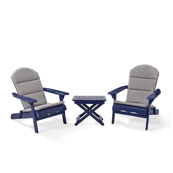 Noble House Malibu Navy Blue 3-Piece Wood Outdoor Patio Conversation Set with Grey Cushion