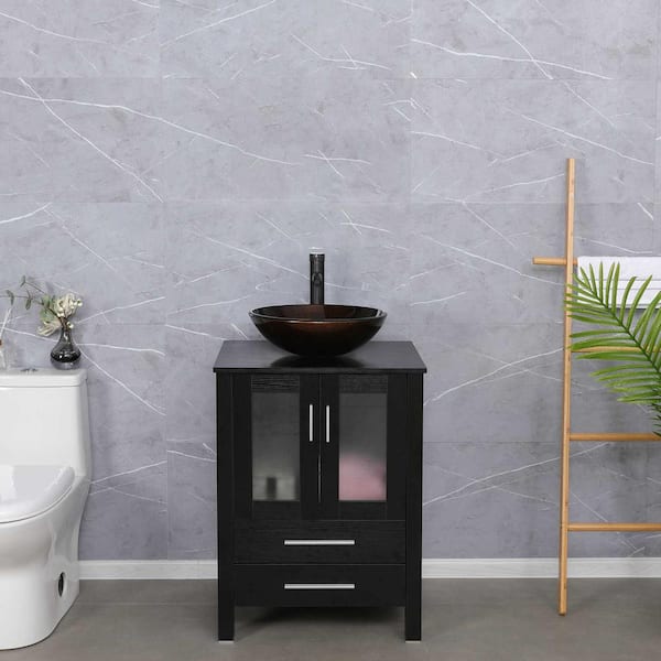 eclife 24 in. W x 20 in. D x 32 in. H Single Sink Bath Vanity in Black with Brown Glass Vessel Sink Top ORB Faucet Set