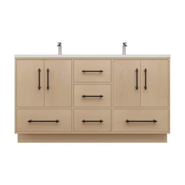 Victoria 59 in. W x 20 in. D x 35 in. H Double Sink Freestanding Bath Vanity in Yellow Oak with White Acrylic Top
