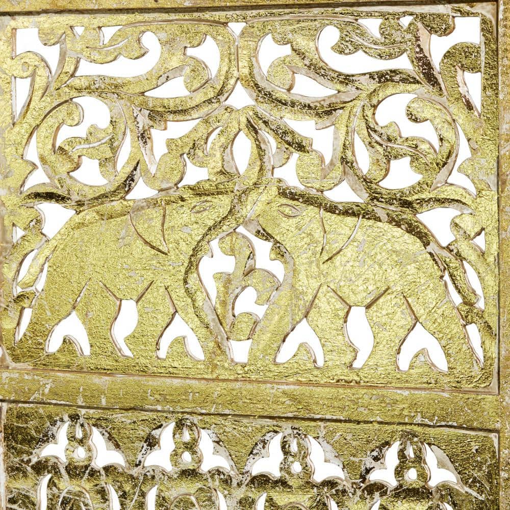 Gold Wooden Carved Elephant 4-Panel Folding Privacy Screen
