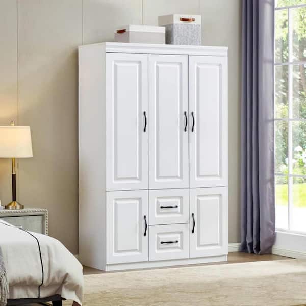 stufurhome White Wooden 74 in. H x 47 in. W x 20 in.D Bedroom Armoire Closet wit Drawers Rods Doors