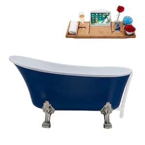 55 in. Acrylic Clawfoot Non-Whirlpool Bathtub in Matte Dark Blue With Brushed Nickel Clawfeet And Glossy White Drain