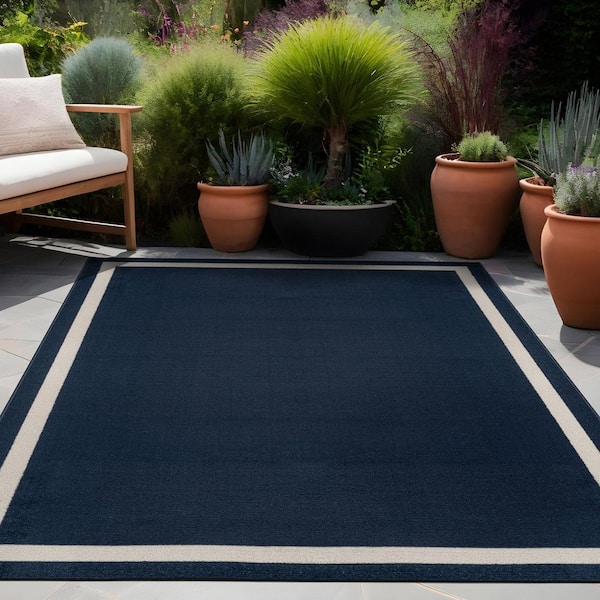 Aura Navy 6 ft. x 9 ft. Rubber Back Washable Modern Bordered Indoor Outdoor Area Rug