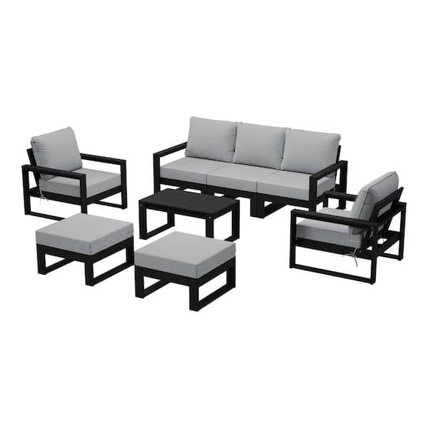 Endless Black Frame w/ Light Gray Cushions Outdoor 8-Piece All Weather Plastic Sofa Lounge Chair Patio Conversation Set