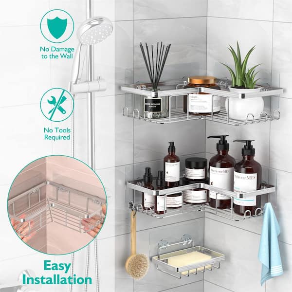 Cubilan Wall Mount Adhesive Corner Shower Caddy with Soap Holder and 12  Hooks in Brushed Silver (3 Pack) B0BB7PBPC3 - The Home Depot