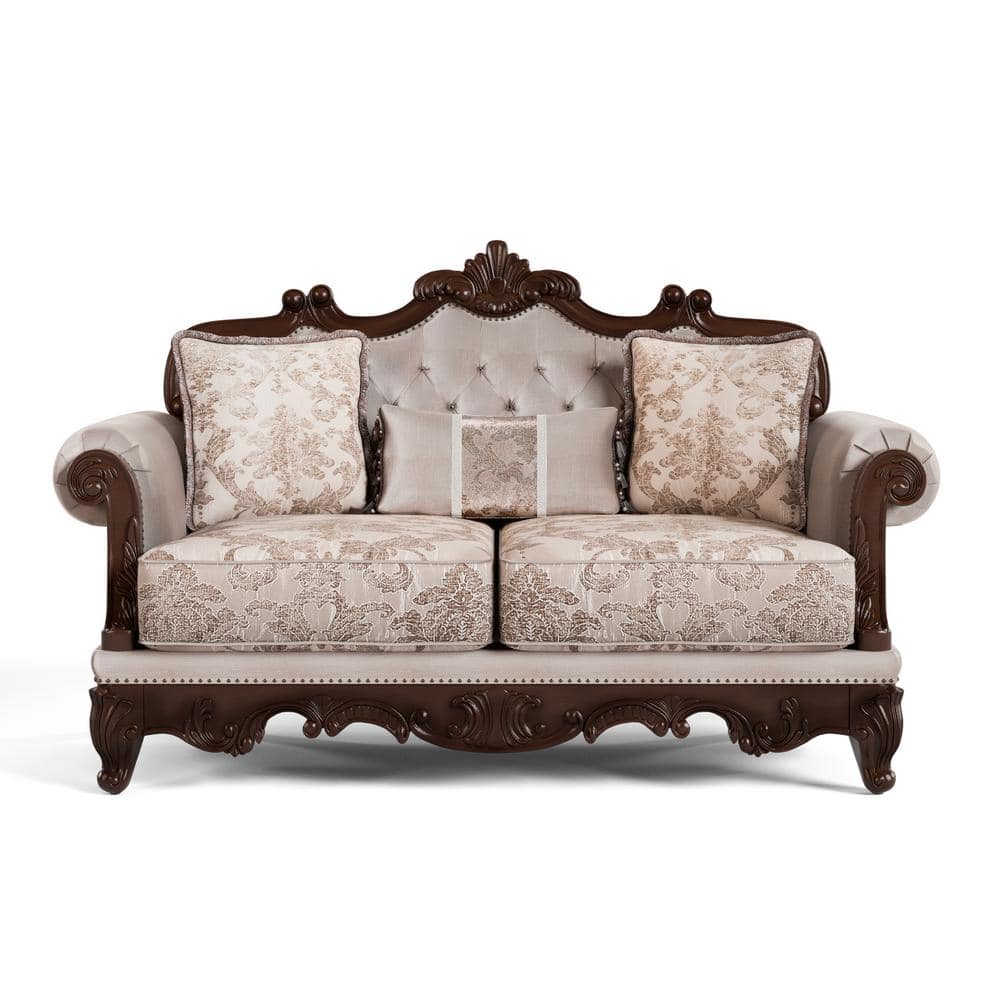 Light Brown Floral Fabric Camelback Loveseat with Nailhead Trim