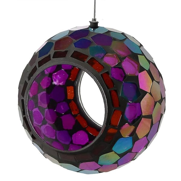 Purple Glass Mosaic Hanging Bird Feeder for Outdoors - Fly-Through Wild Bird Feeder