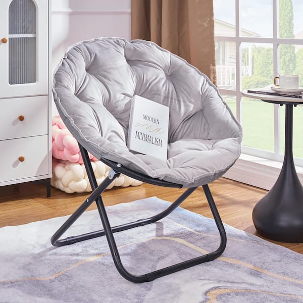 VECELO Folding Moon Chair with Faux Fur Seat, Gray Saucer Chair for Teens,  Adults No-Assembly Accent Chair for Bedroom or Dorm THD-OFC19-GRY-B