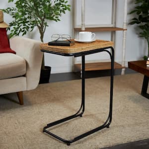 13 in. Brown Handmade Coiled C-Shaped Large Rectangle Manufactured Wood End Table with Black Metal Legs