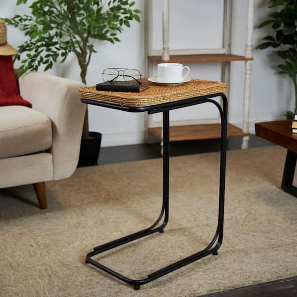 Litton Lane 13 in. Brown Handmade Coiled C-Shaped Large Rectangle Manufactured Wood End Table with Black Metal Legs
