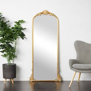 30 in. W x 66 in. H Gold Metal Polished Tall Ornate Arched Baroque Floor Mirror