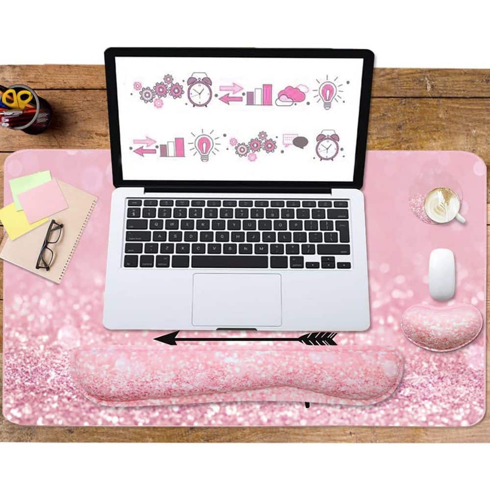 Large Mouse Pad and Keyboard Wrist Rest 4-in-1 Set with Wrist Support Desk Mat Pink for Gaming Home Office - Thumbnail 3